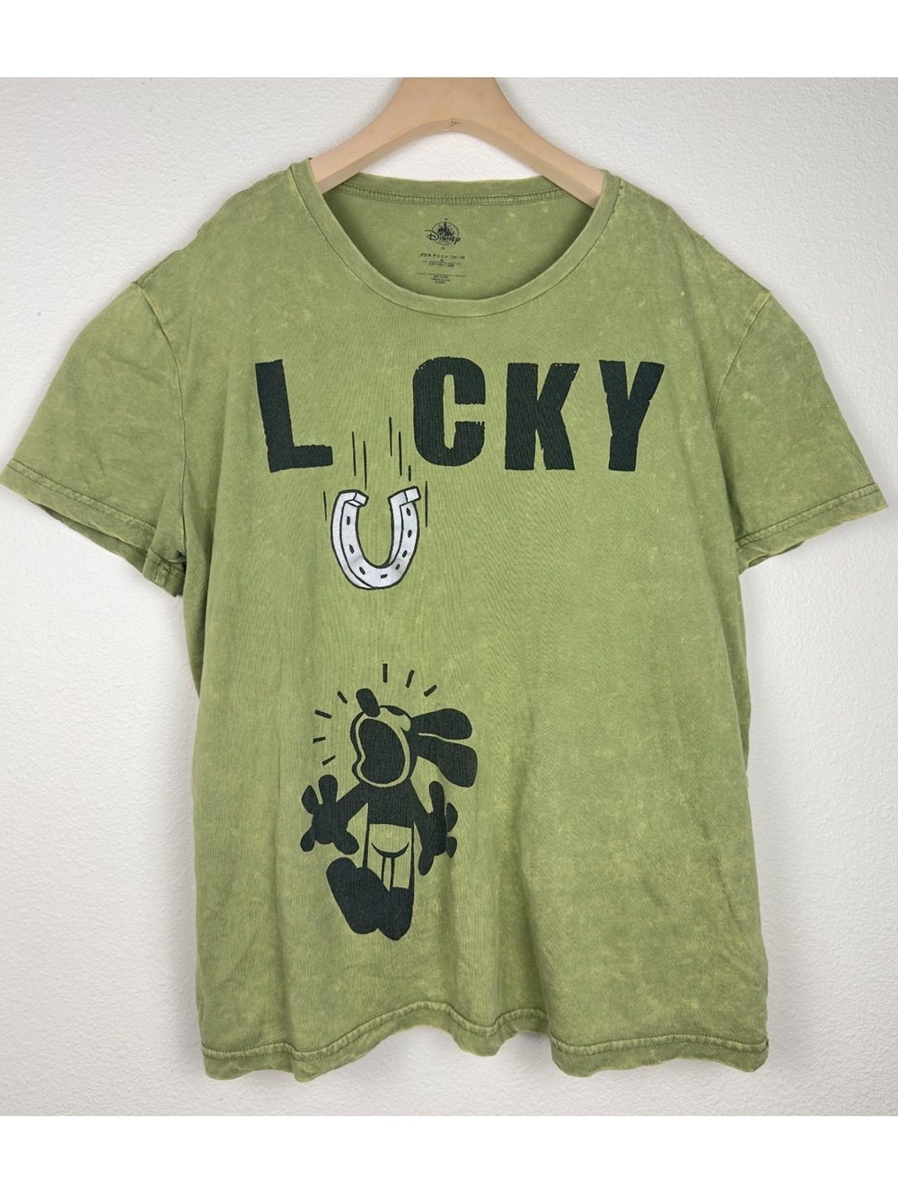 Disney Lucky Oswald Graphic T-Shirt Green Acid Wash XL Horseshoe Tee